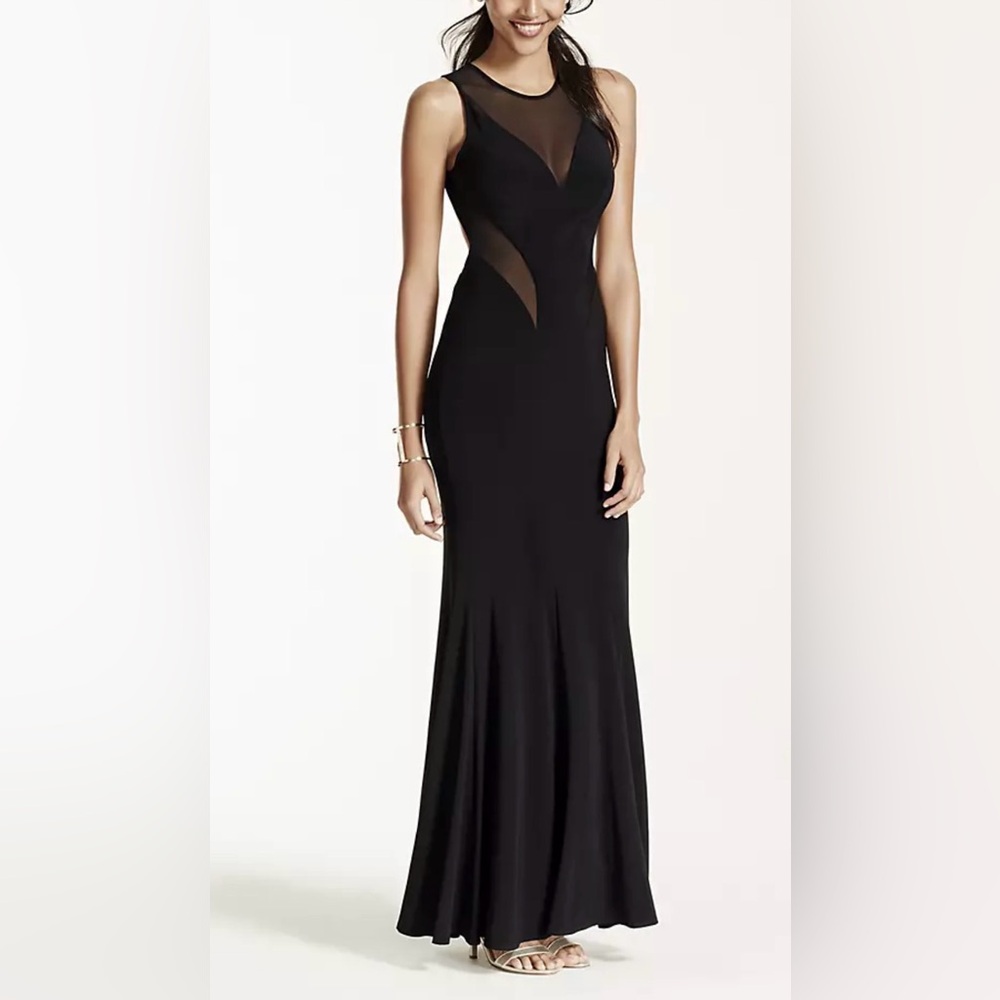 Betsy & Adam Elegant Sheer Illusion Black Evening gown with open back